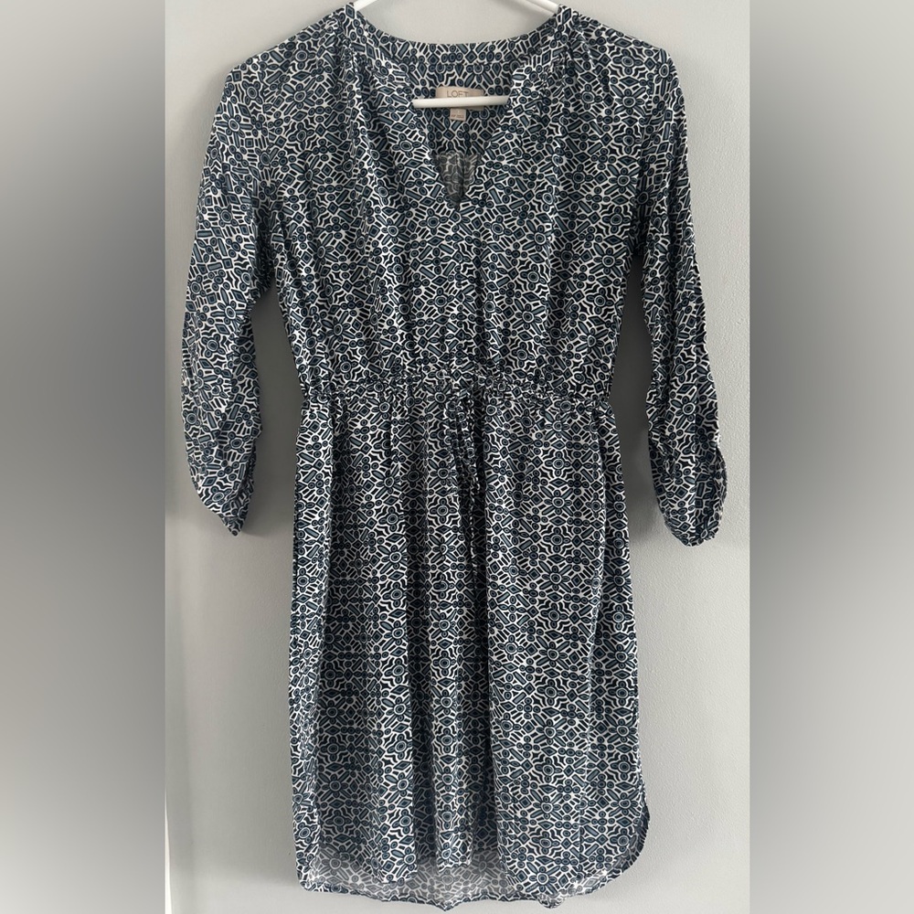 LOFT XSP Petite Blue Geometric 3/4 Sleeve Dress 32”